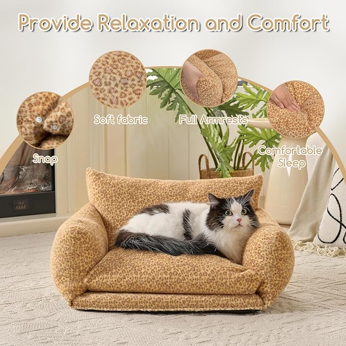 Hollypet Cat Bed Fluffy Plush Mutifuctional Double-Layer Soft Pet Couch Orthopedic Sofa Nest Beds for Small Cats and Dogs, Yellow Leopard (25x20x13 inch)