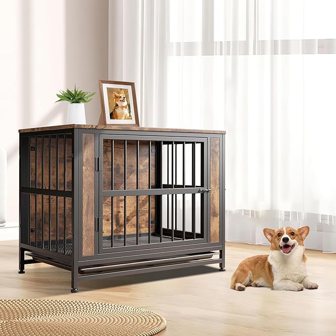 Rustic Medium Dog Cage Furniture, Brown Wooden Dog Crate Kennel Furniture, Decorative Dog House Indoor End Table for Small Medium Dog