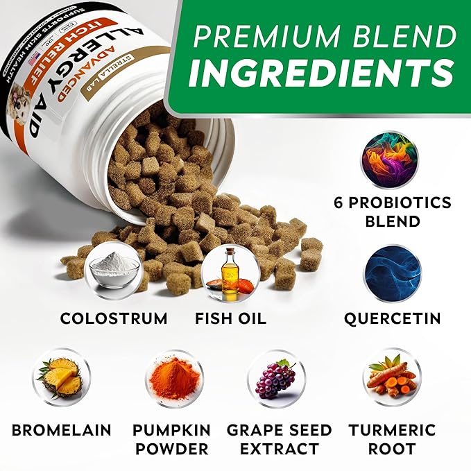 StrellaLab Dog Allergy Relief & Anti Itch Support Chews w/Omega 3: Real Ingredients, Real Taste! Skin & Coat Immune Supplement w/Fish Oil, Pumpkin & Enzymes — Developed by Experts - Made in USA -120Ct