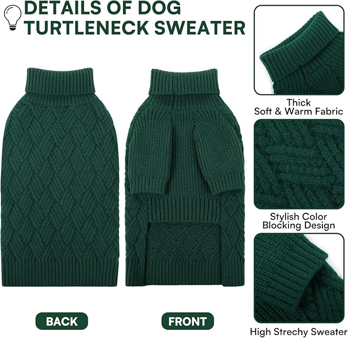 KOESON Large Dog Sweater, Warm Christmas Dog Sweaters for Large Dogs, Cable Knit Sweater for French Bulldog, Pug, Corgi, Boston Terrier, Easy On Xmas Sweaters for Dogs, Green, L