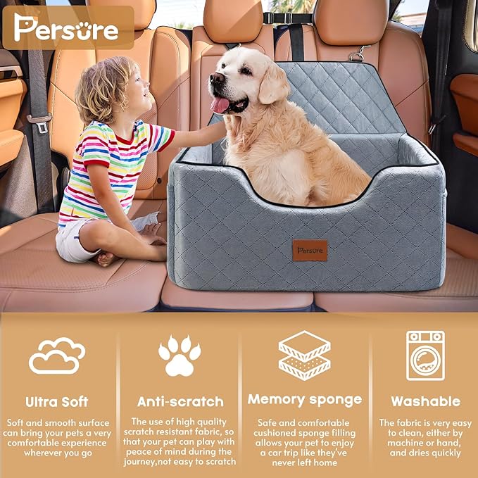 Dog Car Seat for Large-Medium Dogs: Pet Car Seat, Detachable Washable Dog Booster Seat, Pet Travel Bed with Storage Pockets and Dogs Safety Belt (Grey, Large)
