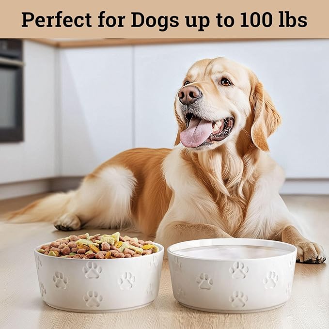 Ceramic Dog Bowl Set of 2 with Anti-Skid Base - 7.5" Wide x 3" Tall Ceramic Dog Bowls for Large Dogs - 6 Cup Capacity Food and Water Bowls for Dogs - Rubber Bottom Pet Bowl Set of 2 for Large Pets