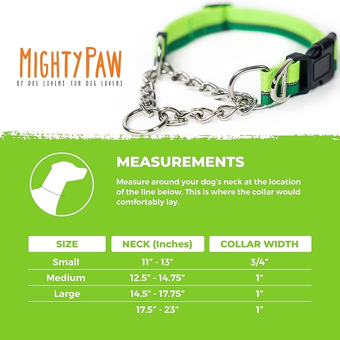 Mighty Paw Martingale Dog Collar 2.0 | Trainer Approved Limited Slip Collar with Stainless Steel Chain & Heavy Duty Buckle - Modified Cinch for Gentle & Effective Pet Training - S/M, Green
