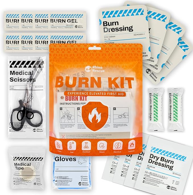 RHINO RESCUE Burn Kit, 4pcs Burn Dressings 4x4”, 8pcs Burn Gel Packets 3.5g, 4pcs Burn Pads, First Aid Kit Cooling Soothing Cream Relief with Bandage, Nitrile Gloves, Scissors, Tape, HSA/FSA Eligible