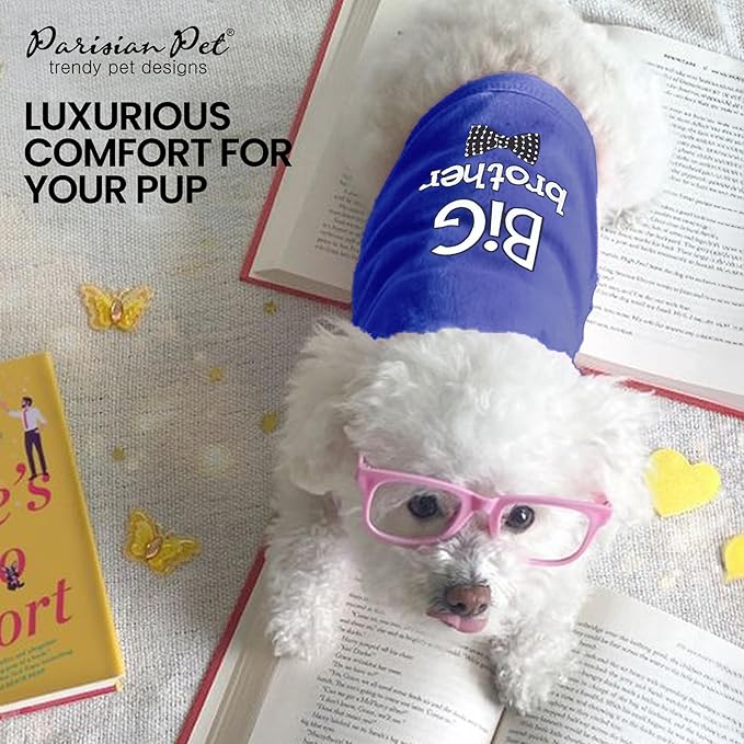 Parisian Pet Dog T-Shirt with Embroidered ' Big Brother ' Words - 100% Cotton, Big Brother Dog Shirt - Sleeveless Pet Vest - Machine Washable Blue Shirts for Small Dogs, XS