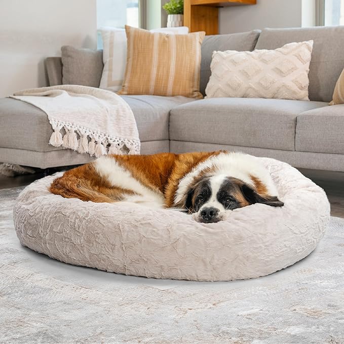 Best Friends by Sheri Bundle Set The Original Calming Lux Donut Cuddler Cat and Dog Bed + Pet Throw Blanket, Oyster, Extra Large, 45x45