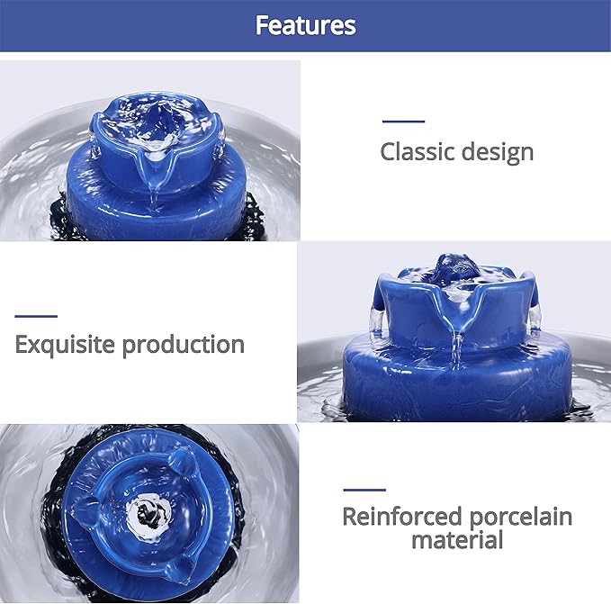 Ceramic Cat Water Fountain, 2.1L/71oz Pet Fountain for Dog and Cat, 3 Carbon Filters and 2 Pumps (Dark Blue)