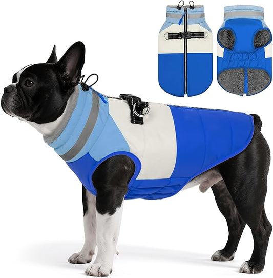 Dog Coat, Waterproof Dog Winter Jacket with Harness Built in, Turtleneck Warm Doggie Cold Weather Coats, Reflective Pet Vest for Indoor & Outdoor, Windproof Dogs Snowsuit, Blue Large