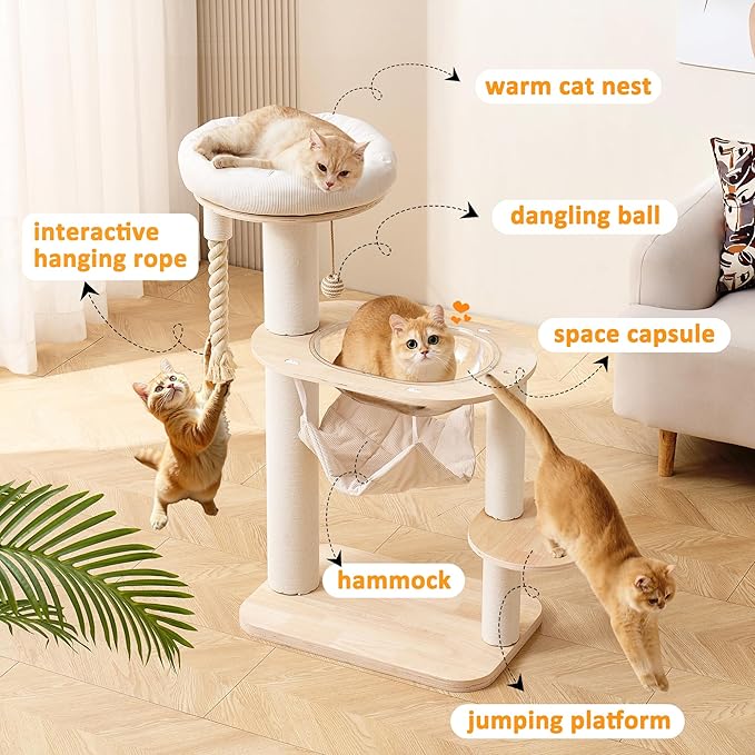 Modern Cat Tree Tower with Hammock for Indoor, Multifunctional 41-in Spacious Cat Tower with Bed, Space Capsule, Dangling Ball, Interactive Rope, Scratching Post