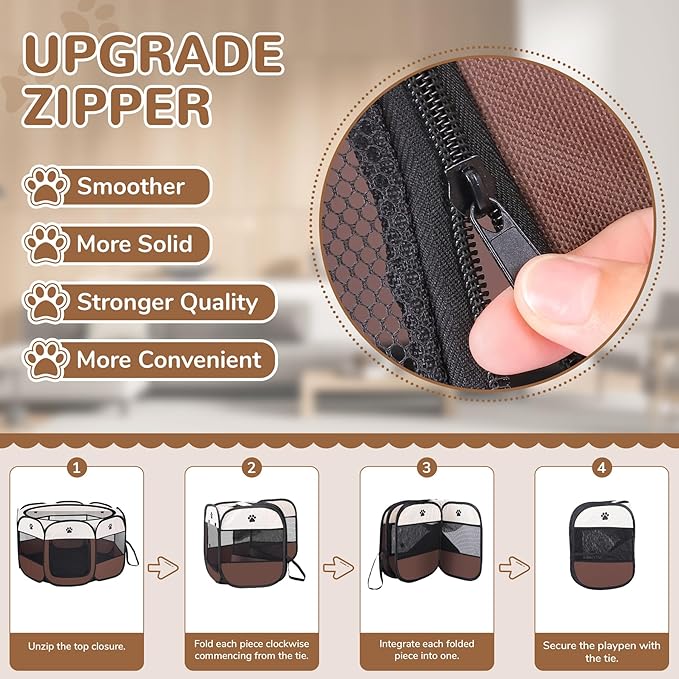 Pop-up Playpen for Puppy, Portable and Foldable Exercise Kennel Tent Crate Indoor/Outdoor Travel Camping, Removable Zipper Top