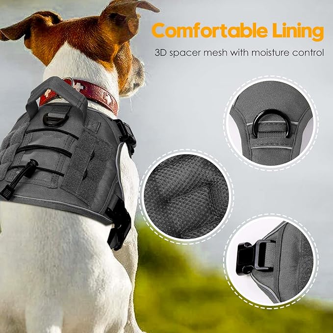 Heavy-Duty Tactical Dog Harness for Large Dogs, No Pull Adjustable Reflective Pet Vest with Molle System, K9 Military-Grade Control for Service Training, Outdoor & 10+ Breeds, Gray, Medium