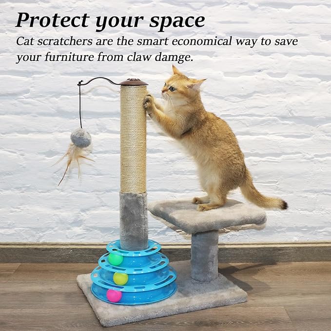 PEEKAB Cat Scratching Post Kitten Sisal Scratcher Tree with Tracks Toy Balls for Indoor Cats and Kittens 25 inches