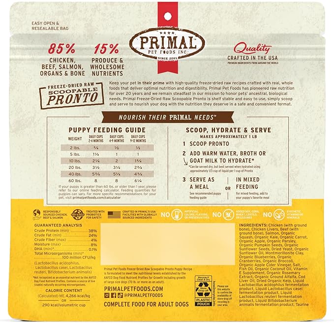 Primal Freeze Dried Puppy Dog Food, Pronto Mini Nuggets; Scoop & Serve, Complete & Balanced Meal; Also Use As Topper or Treat; Premium, Healthy, Grain Free, High Protein Raw Dog Food (16 oz)