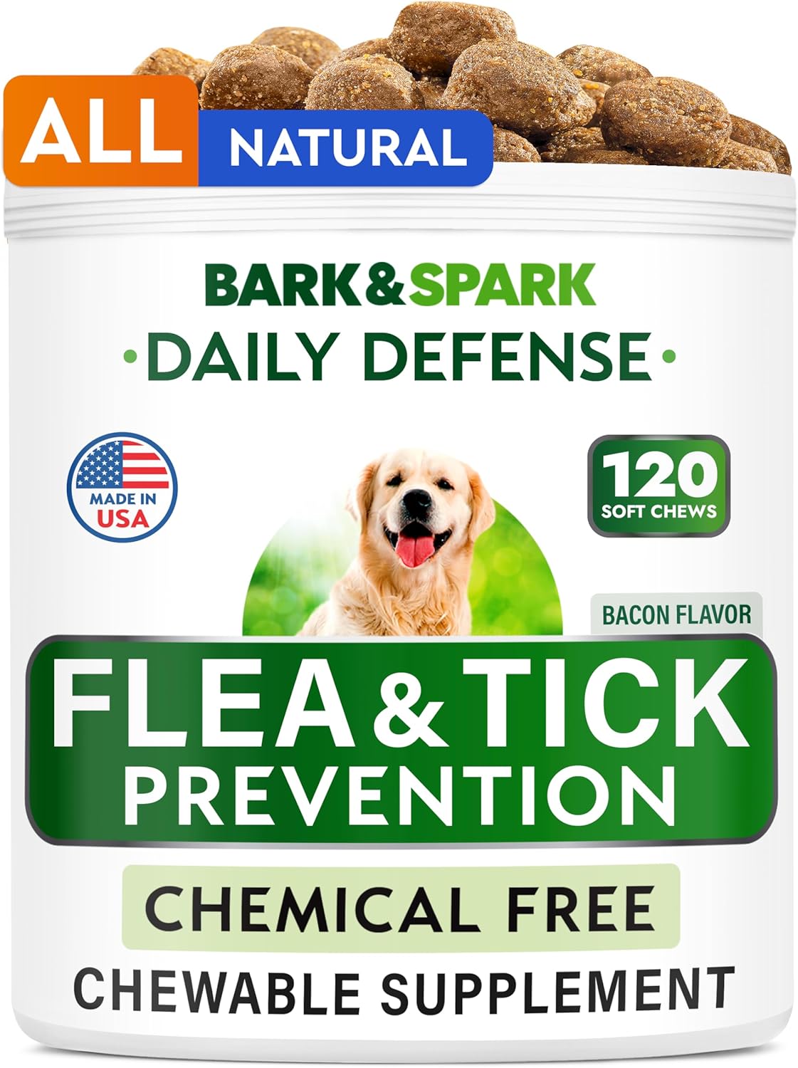 BARK&SPARK Natural Flea and Tick Prevention Chews for Dogs - Chewable Tablets for Dogs - All Breeds and Ages - Made in USA Flea and Tick Remover Supplement - Bacon - 120 Treats