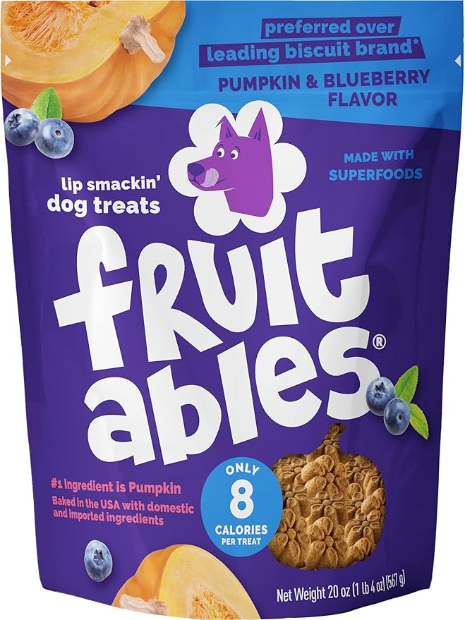 Fruitables Baked Dog Treats, Healthy Pumpkin Treat for Dogs, Low Calorie & Delicious, Free of Wheat, Corn and Soy, Made in The USA, Pumpkin and Blueberry Flavor, 20oz