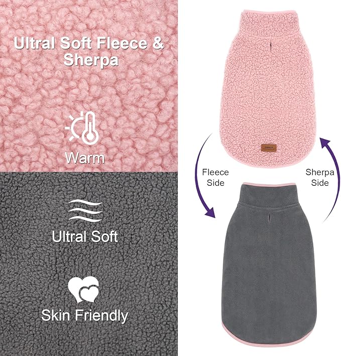 cyeollo Dog Coat Sherpa Fleece Reversible Jacket Turtleneck Sweater Vest Thick Dog Jackets for Winter Warm Clothes Cold Weather Coats for Small Dogs Apparel, Pink L