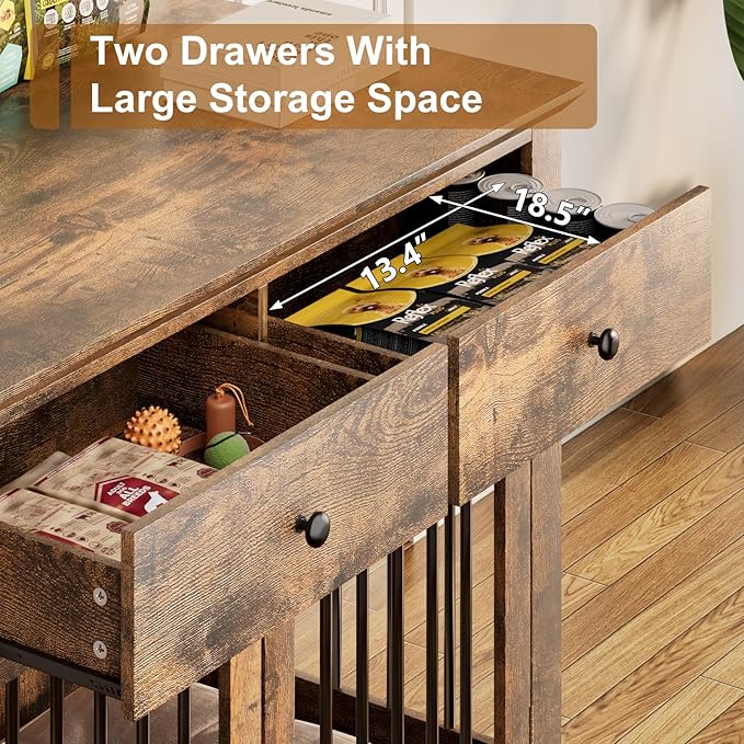 PUKAMI 44inch Dog Crate Furniture with Drawers,Wooden Dog Kennel Furniture for Large Breed,End Table Wood Dog House for Indoor use, for Small/Medium/Large Dog (Brown)