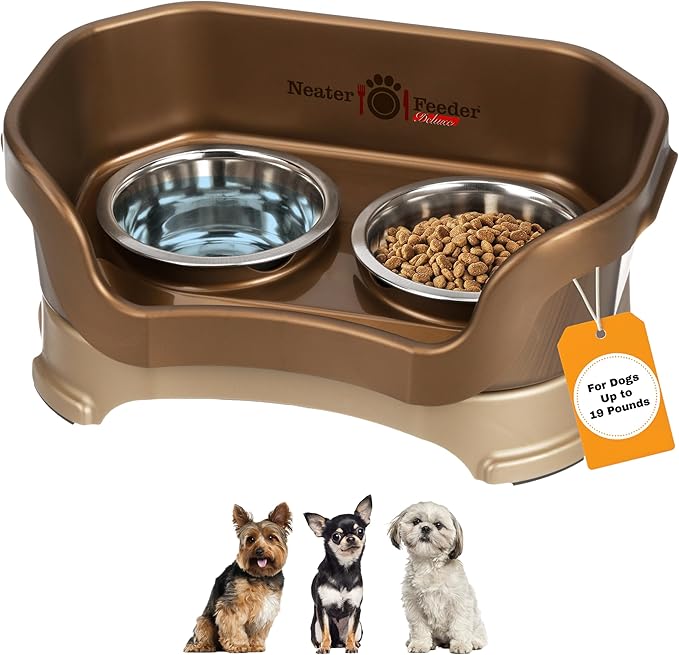 Neater Pet Brands Neater Feeder Deluxe Mess Proof Dog Bowls Elevated for Small Dogs Under 19 lbs, Made in USA, No Spill Raised Dog Food Bowl Stand Feeding Station, Food and Water Bowl Set, Bronze