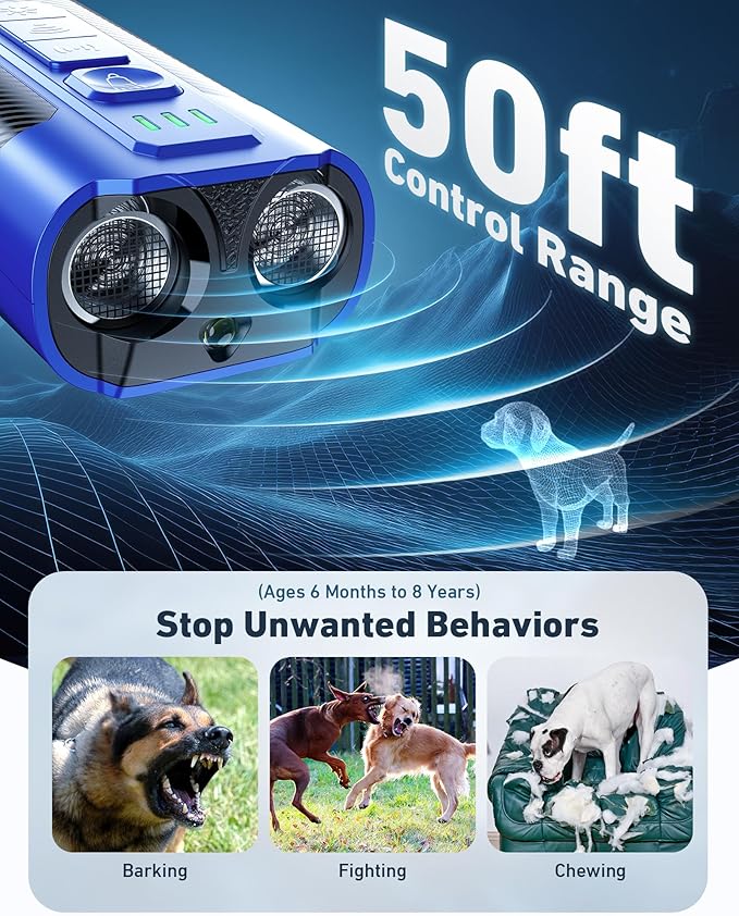 Dog Bark Deterrent Devices-Ultrasonic Anti Barking Device for Dogs with 50ft Range, Rechargeable No Barking Device for Own or Neighbor's Dogs, Portable Safe for Dogs/Humans | Indoor/Outdoor Use-Blue
