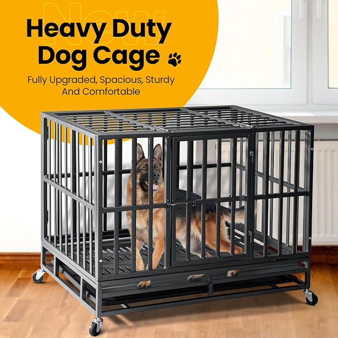 Oranland 38 inch Heavy Duty Indestructible Dog Crate,2025 New Upgraded Reinforced Baseplate for Large Dogs,XL Dog Kennel Indoor for High Anxiety Dogs/Max Load Capacity 200lbs/Double Door with Wheels