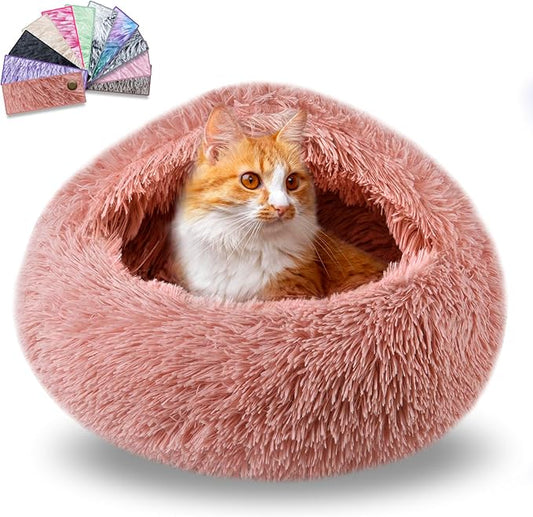 Cat Beds for Indoor Cats,Cat Cave for Puppy and Kitty,Calming Small Dog Bed for Small Dogs with Cover Cave,Cozy Warming Fluffy Washable Anti-Slip Pet Sleeping Bag(24 * 24inch,Leather Pink)