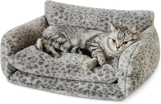 Hollypet Cat Bed Fluffy Plush Mutifuctional Double-Layer Soft Pet Couch Orthopedic Sofa Nest Beds for Small Cats and Dogs, Snow Leopard (21x15x8 inch)