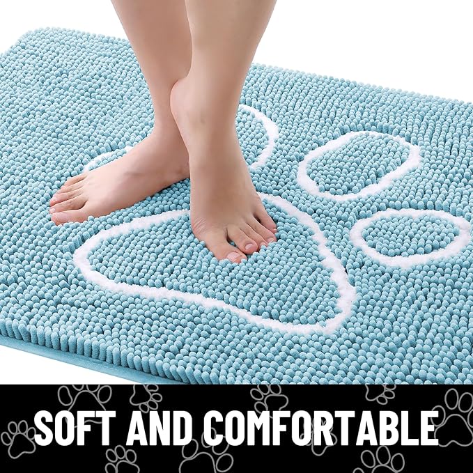 Smiry Dog Door Mat for Muddy Paws, Absorbent Dirt Trapper Non Slip Quick Dry Washable Chenille Mat for Mud Dogs, Entry Rug for Indoor and Outdoor (48x30 Inches, Sky Blue)