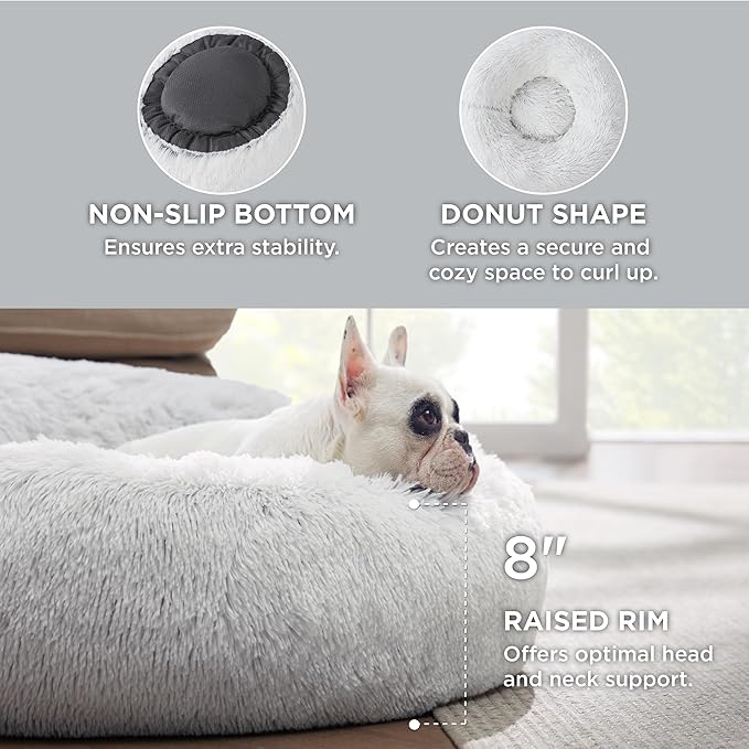 Bedsure Calming Dog Bed for Medium Dogs - Donut Washable Medium Pet Bed, 30 inches Anti-Slip Round Fluffy Plush Faux Fur Cat Bed, Fits up to 45 lbs Pets, Frost Grey