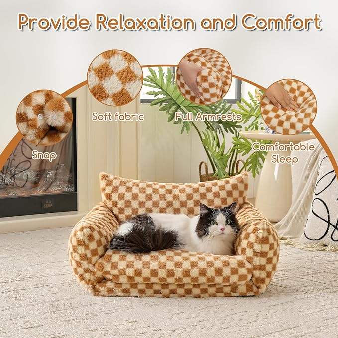 Hollypet Cat Bed Fluffy Plush Mutifuctional Double-Layer Soft Pet Couch Orthopedic Sofa Nest Beds for Small Cats and Dogs, Brown and Light Yellow (25x20x13 inch)
