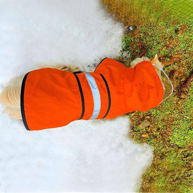 Dog Raincoat Waterproof Reflective Slicker - Lightweight Breathable Hooded Poncho Rain Coat Jacket with Adjustable Belly Strap and Leash Hole for Small Medium Large Dogs (Small, Orange)