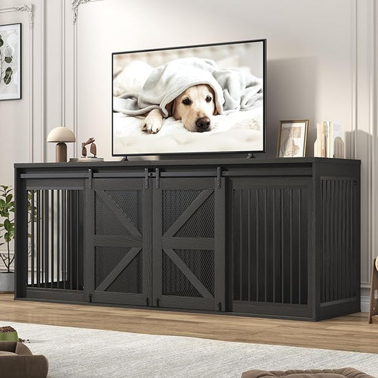 87In Farmhouse Dog Crate TV Stand, Wooden Dog Kennel Furniture with Sliding Metal Mesh Barn Door, Large Dog Crate Furniture for 2 Dogs, Solid Metal Tube & 2 Lockable Doors, Black