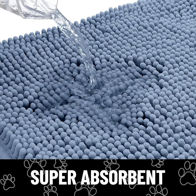 Smiry Dog Door Mat for Muddy Paws, Absorbent Dirt Trapper Non Slip Quick Dry Washable Chenille Mat for Mud Dogs, Entry Rug for Indoor and Outdoor (48x30 Inches, Airy Blue and Black)