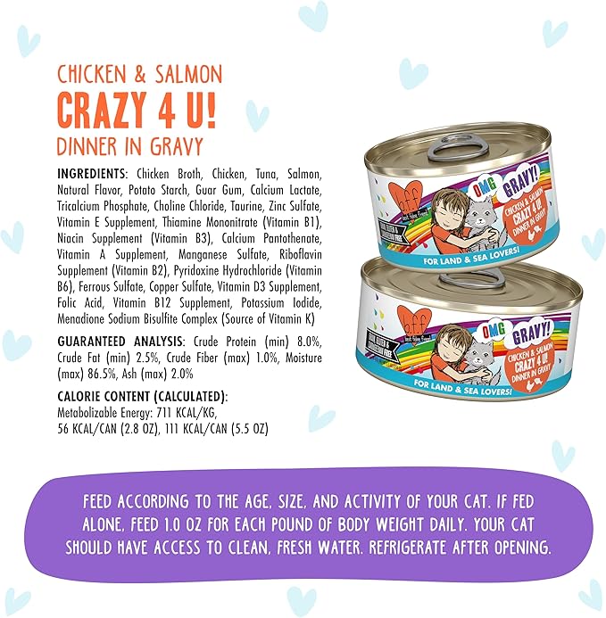 Weruva B.F.F. OMG - Best Feline Friend Oh My Gravy! Grain-Free Wet Cat Food Cans, Crazy 4 U! Chicken & Salmon, 5.5-Ounce Can (Pack of 8)
