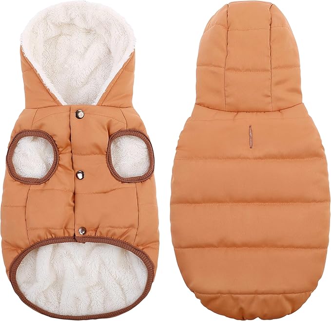 Fleece Hoodie, Windproof Waterproof Coat, Winter Warm Jacket, Cold Weather Pet Apparel Clothes Vest for Small Medium Large Dogs, Khaki, M