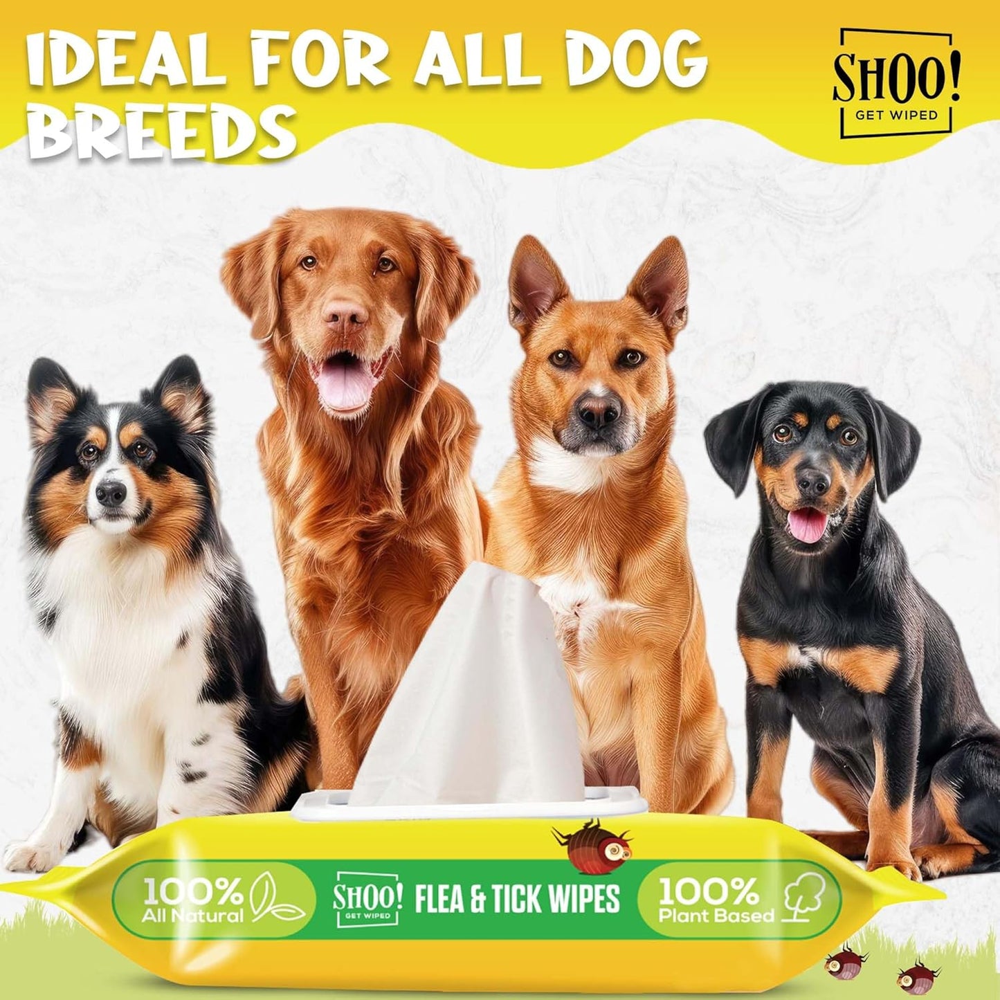 Shoo! Flea & Tick Wipes for Dogs | Convenient, Easy On-The-Go Protection | Plant Based, Natural Oils, Chemical Free | Repels & Prevents | 50 XL Wipes | (Citrus Burst)