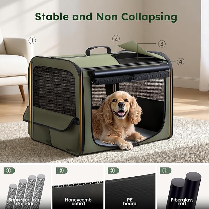 Large Dog Car Carrier Light Weight, 27×20.5×20.5ins Dog Carrier for Cars, Portable Dog Car Crate with Breathable Windows, Stable Pet Carrier for Both Indoor and Outdoor Use, Pet Travel Crate Green