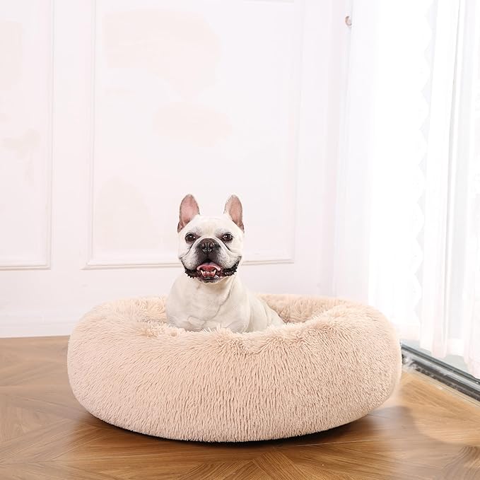 Amazon Basics Donut Pet Bolster Faux Fur Bed for Dog, Beige, 36" x 36"