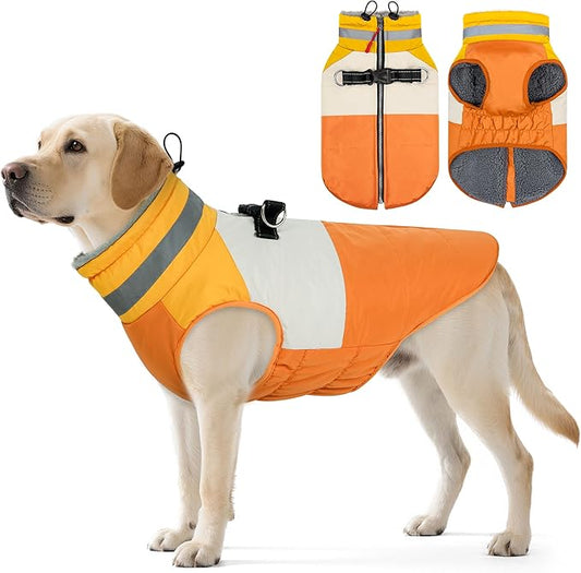 Dog Coats for Large Dogs, Reflective Dog Winter Coat Waterproof Windproof Clothes, Warm Cold Weather Dogs Jacket with Harness Built in Turtleneck Snowsuit, Orange XXX-Large