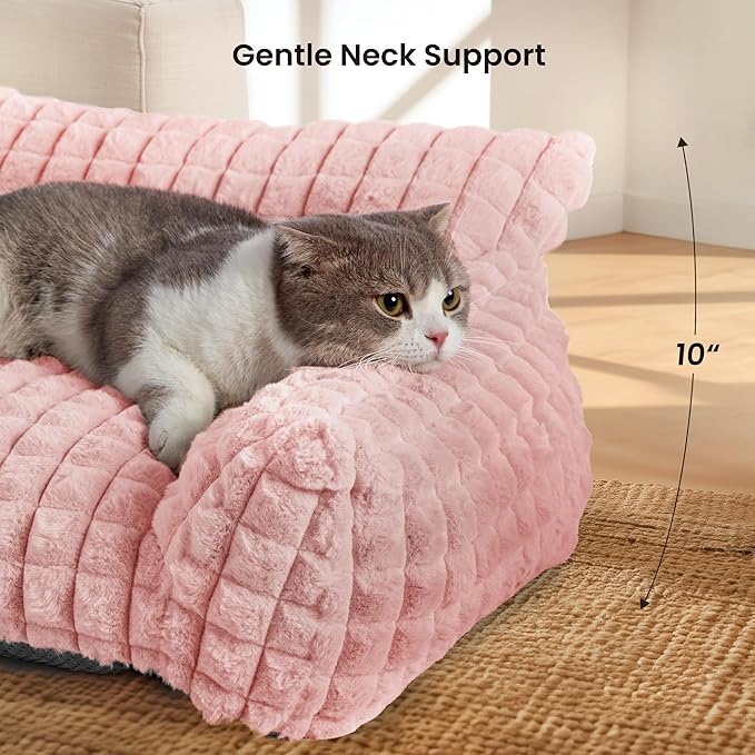 Cute Cat Couch Bed – Supportive & Fluffy Pet Sofa with Faux Rabbit Fur Washable Cover in 3D Diamond Pattern, 24" Pink
