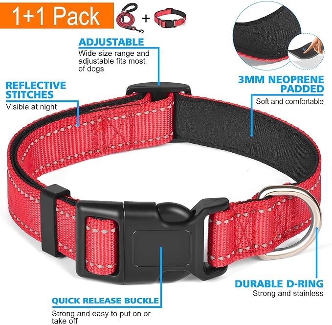 Reflective Dog Collar Padded with Soft Neoprene Breathable Adjustable Nylon Dog Collars for Small Medium Large Dogs (Small (Pack of 1), Red Collar+Leash)