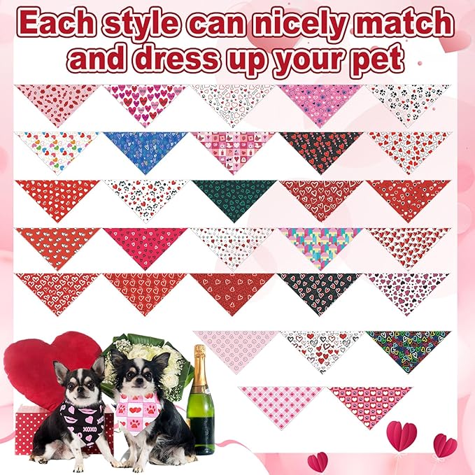 Aliceset 180 Pcs Valentine Dog Bandana Bulk Heart Bandanas for Dogs Adjustable Washable Pet Triangle Scarf Cute Red Pink Kerchief Bibs for Valentine‘s Day Pet Costume Accessories Decorations