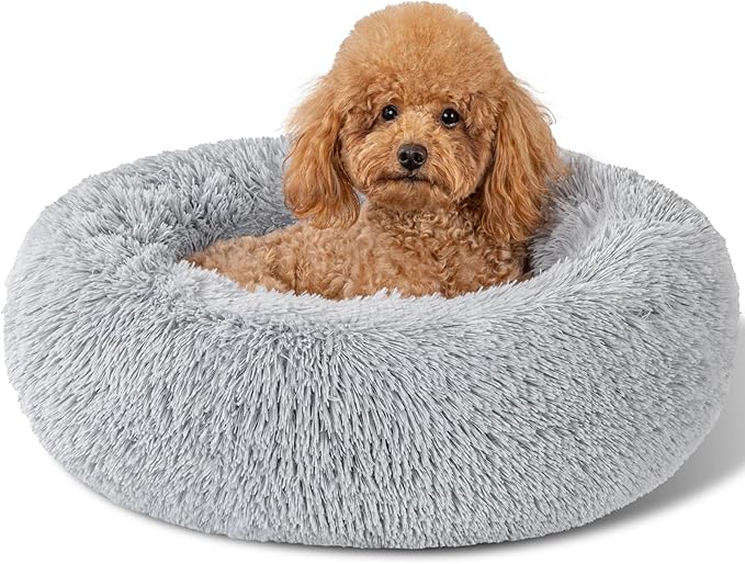 Dog Calming Beds for Small Medium Large Dogs - Round Donut Washable Puppy Dog Bed, Anti-Slip Faux Fur Fluffy Donut Cuddle Anxiety Cat Pet Bed(Light Grey 20")