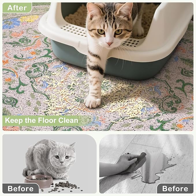 Bienbee Cat Litter Mat, 24" x 15" Litter Box Mat Rug with Non-Slip Bottom,Easy to Clean Cat Supplies Essentials for Indoor Kitty Kitten Floor, Bean-Green M