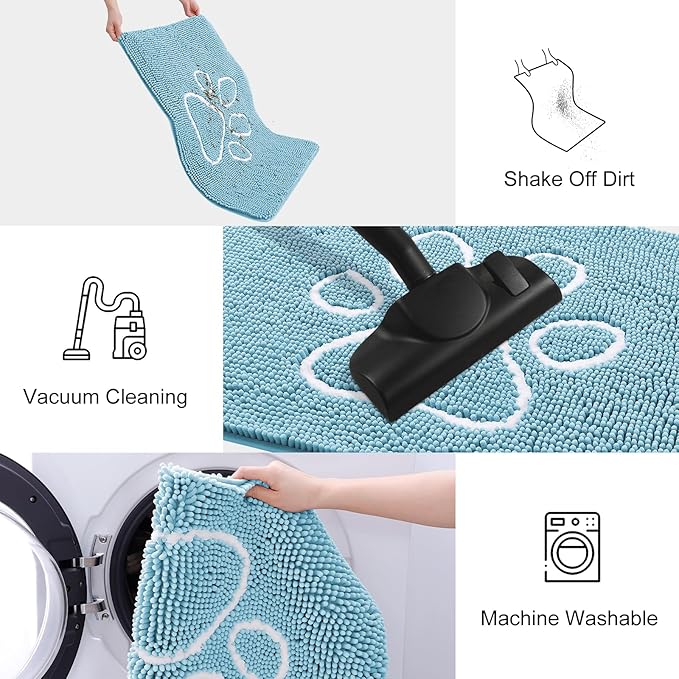 Smiry Dog Door Mat for Muddy Paws, Absorbent Dirt Trapper Non Slip Quick Dry Washable Chenille Mat for Mud Dogs, Entry Rug for Indoor and Outdoor (48x30 Inches, Sky Blue)