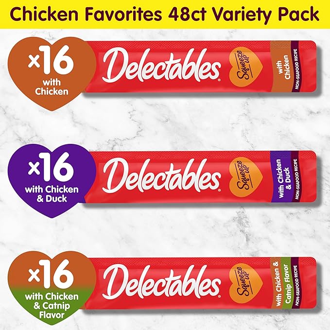 New! Delectables Squeeze Up Non-Seafood Chicken Variety Pack, Creamy Squeezable Puree, Lickable Wet Cat Treats, Grain-Free, No Added Fillers, 0.5 Ounces Tube, 48 Tubes Total