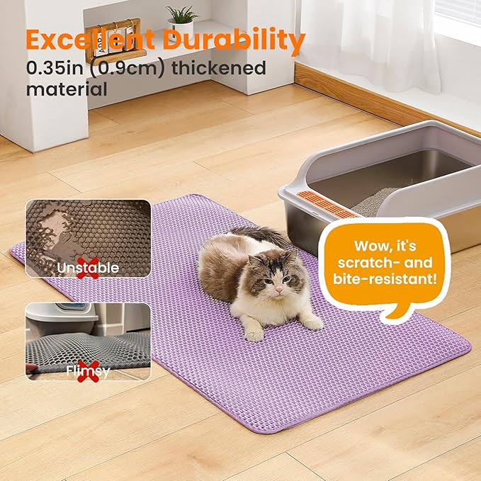 Jumbo Cat Litter Mat, 46x26 Inches Double Layer Honeycomb Litter Trapping Mat, Non Slip Waterproof Urine Proof Extra Large Cat Litter Box Mat, Kitten Supplies and Essentials, XXL, Purple