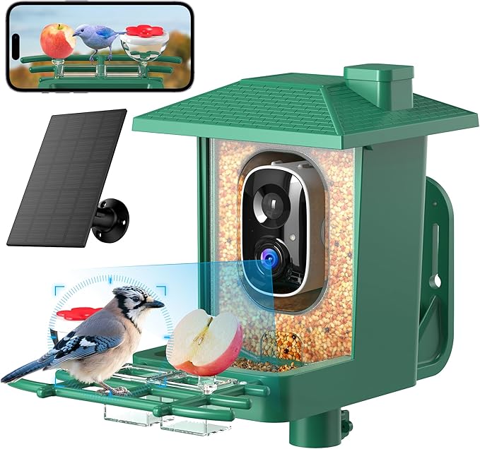 Bird Feeder with Camera Outdoor Solar: Smart Birdfeeder with AI Recognition - 2K HD Live Stream Video Camera for Outside Wild Birds Garden Decor - Bird Lover Gifts