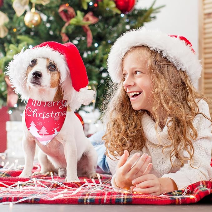 Newwiee 100 Pieces Pink Christmas Dog Bandanas Bulk for Dogs Soft and Breathable Adjustable Christmas Tree Santa Snowman Patterns Printing Dog Kerchief for Small to Large Puppy Cat