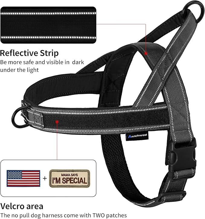 Annchwool No Pull Dog Harness with Padded Handle+5 Ft Leash,Reflective Strip Escape Proof and Quick Fit to Adjust Dog Harness,Easy for Training Walking for Small & Medium and Large Dogs(Black-Set,S)