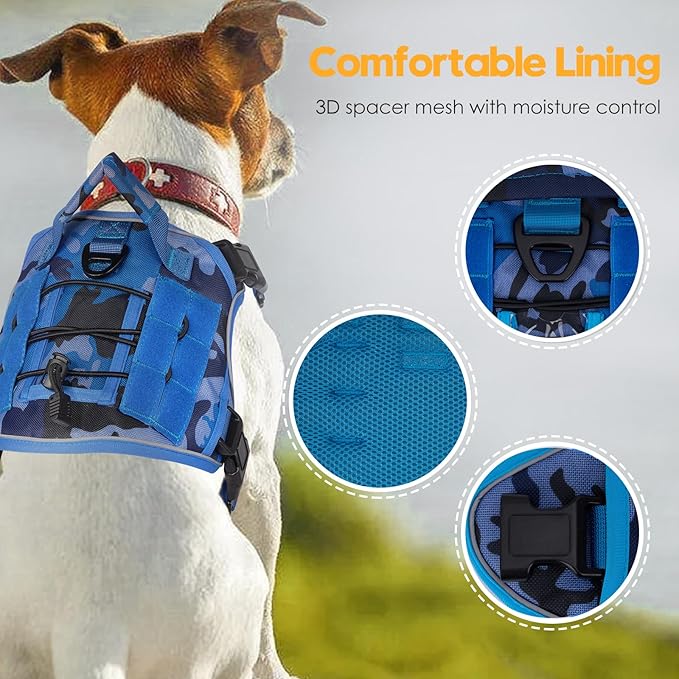 Heavy-Duty Tactical Dog Harness for Large Dogs, No Pull Adjustable Reflective Pet Vest with Molle System, K9 Military-Grade Control for Service Training, Outdoor & 10+ Breeds, Blue Camo, Medium